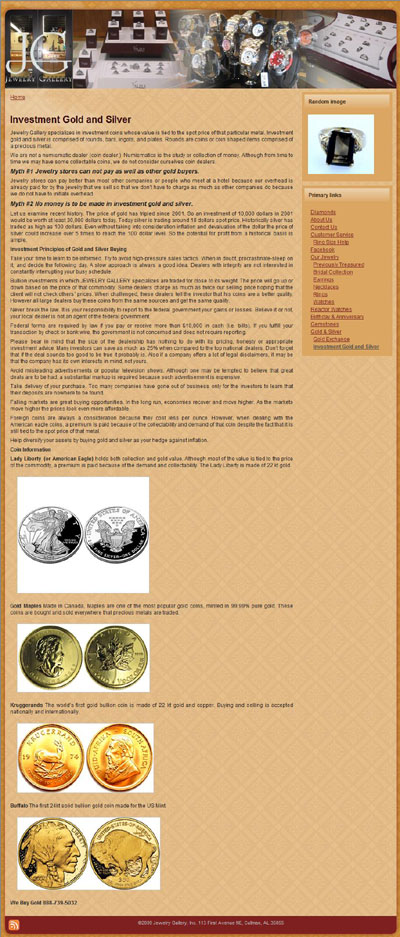 Jewelry Gallery (jewelrygallery.com) Investment Gold and Silver Page